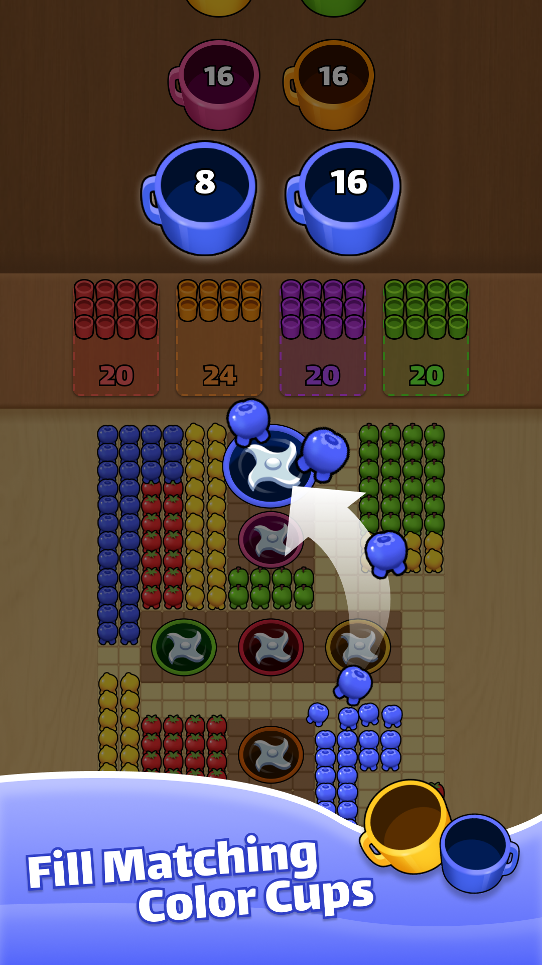 Level layout with queued cups